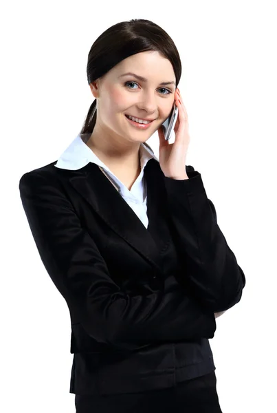 Portret van gelukkig lachend vrolijke mooie jonge zakenvrouw met telefoon, geïsoleerd op witte achtergrond — Stockfoto