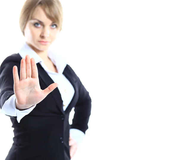 Business woman making stop gesture at white background — Stock Photo, Image