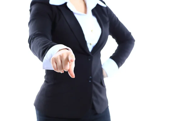 Business woman point finger at you looking at camera. Isolated on white background — Stock Photo, Image