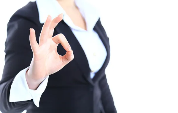 Portrait of happy smiling businesswoman with okay gesture, isolated on white background — Stock Photo, Image