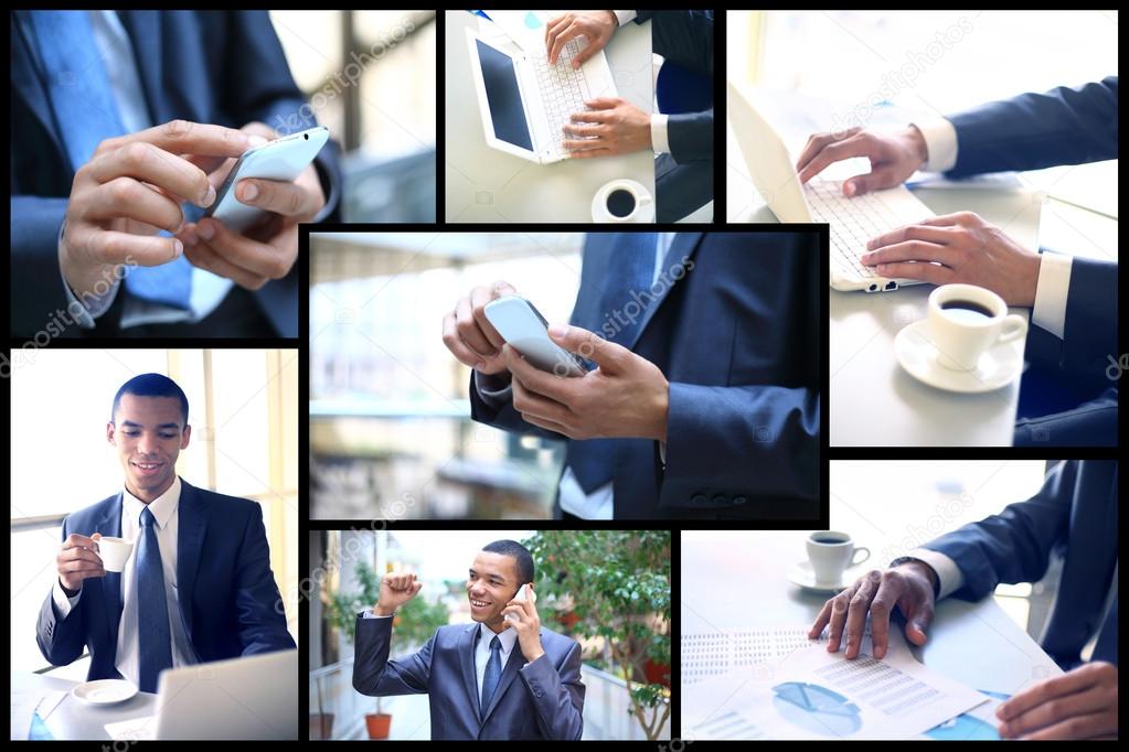 Collage of young businessman working in office