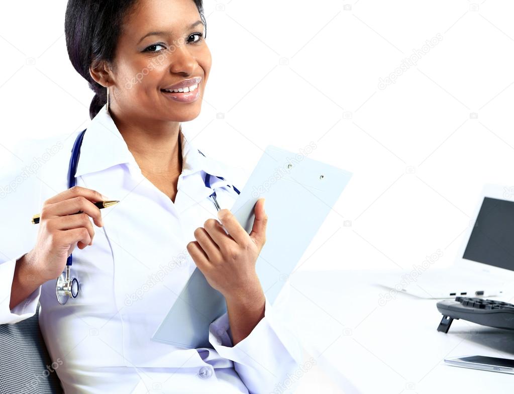 African American nurse medical doctor woman on white background