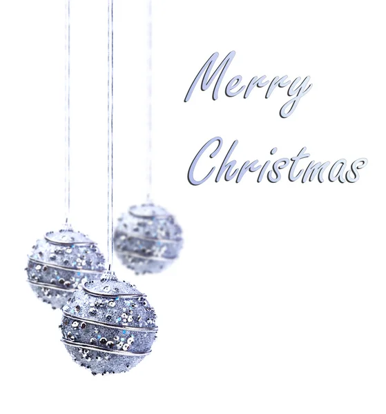 Silver Christmas baubles hanging from silver string isolated against white — Stock Photo, Image