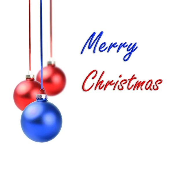 クリスマスの赤と青のボールぶら下がっているリボン弓白い背景の上 — ストック写真
