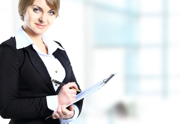 Portrait of happy smiling business woman with blue folder Royalty Free Stock Photos