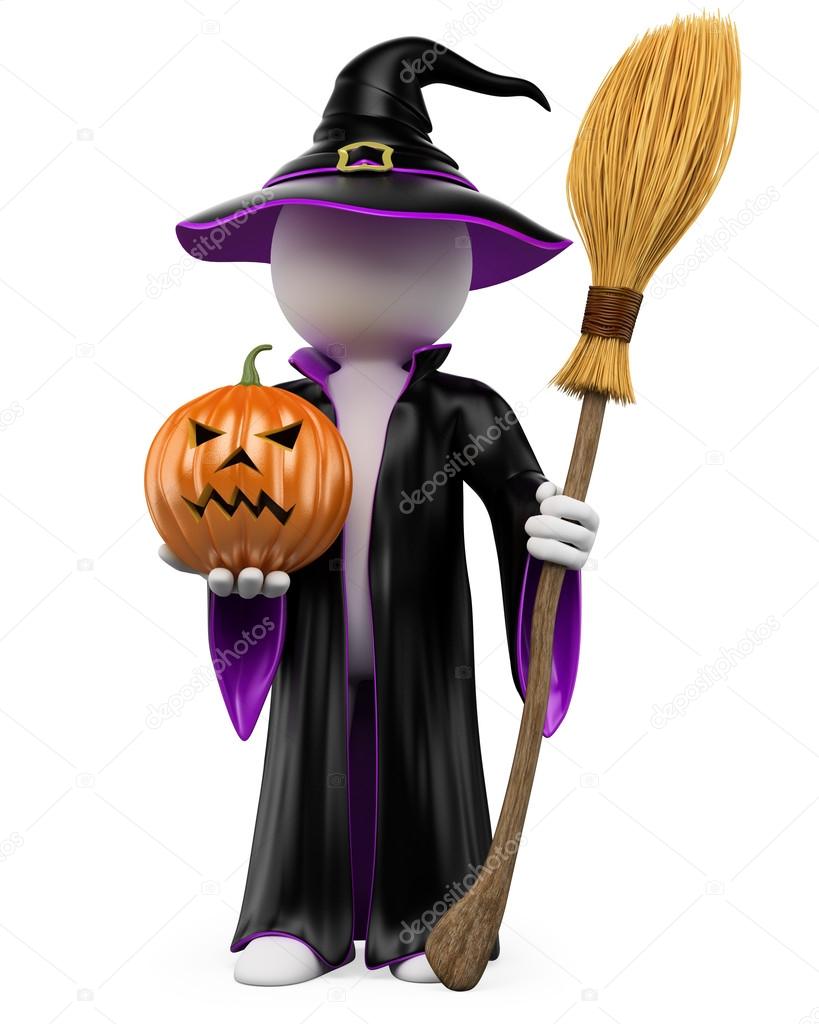 3D halloween white . Witch with a pumpkin and a flying bro