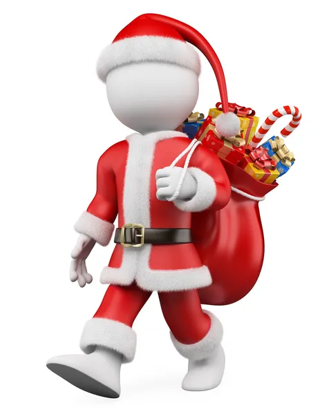 3D Christmas white . Santa Claus walking with a sack full — Stock Photo, Image
