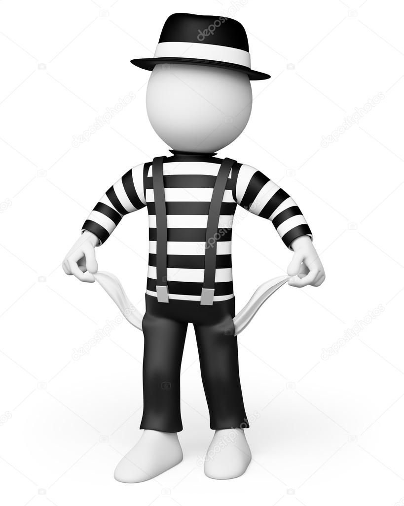 3D white . Mime showing his empty pockets