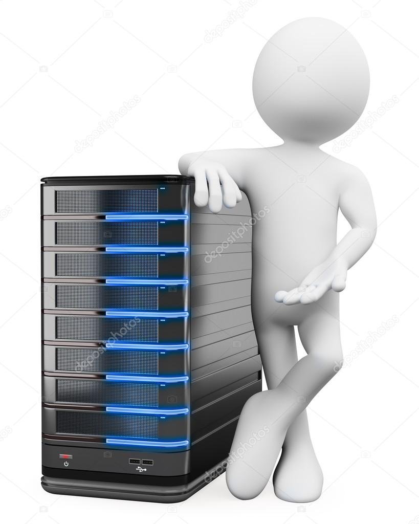 3D white . System administrator with a server