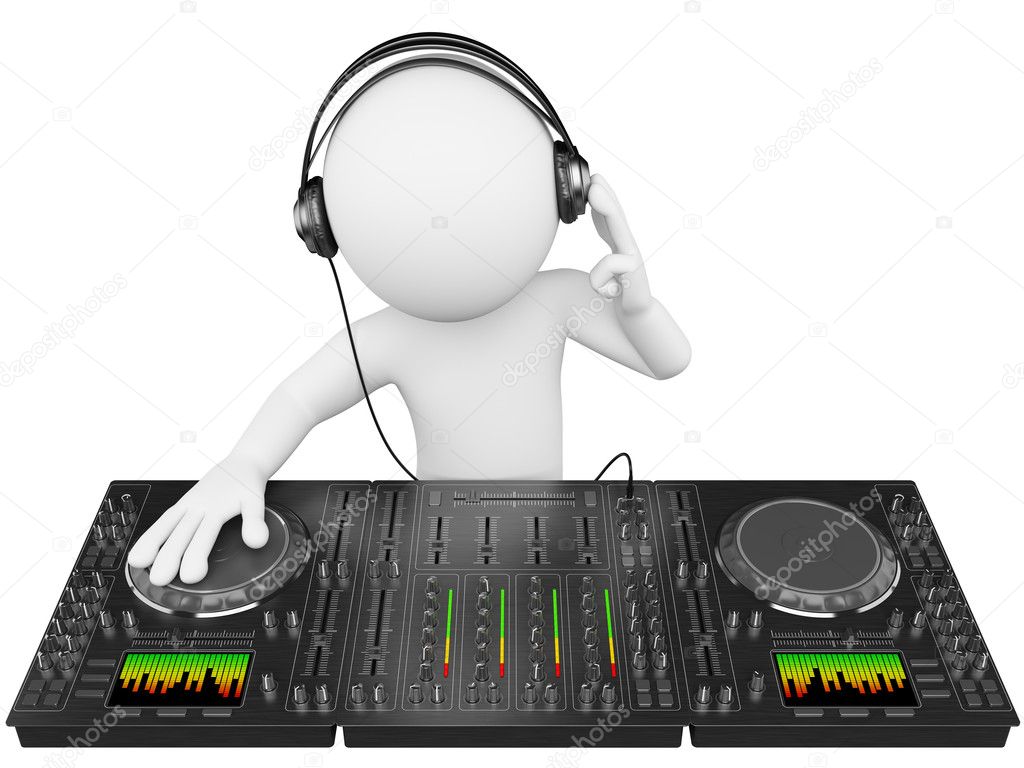 3d white person disc jockey with a mixer and headphones. 3d image. Isolated white background.