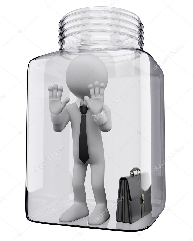 3D white . Businessman in a glass jar