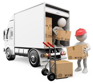 3D white . Workers unloading boxes from a truck clipart