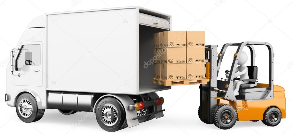 3D white . Worker loading a truck with a forklift