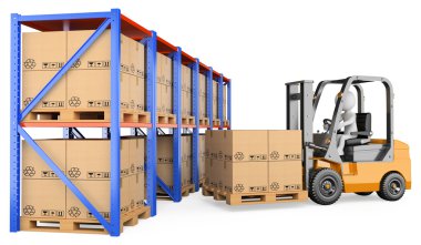 3D beyaz. bir depoda forklift