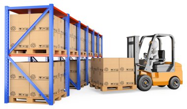 3D white . Forklift in a warehouse clipart