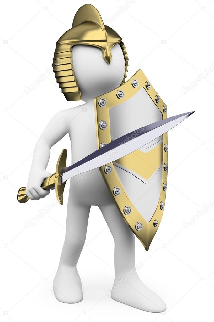 3D white . Knight with sword helmet and shield