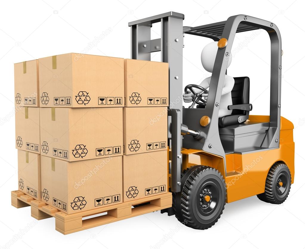 3D white . Forklift with a pallet