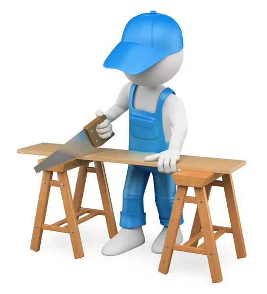 3D white . Carpenter cutting wood with a handsaw — Stock Photo, Image