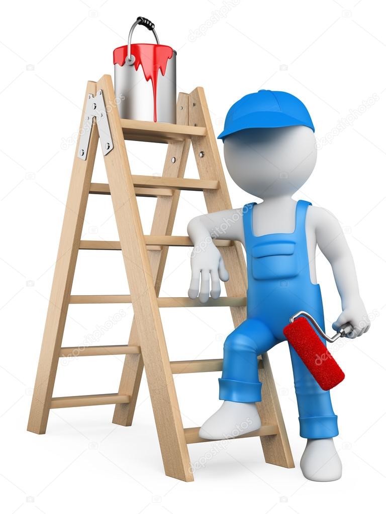 3D white . Painter with ladder