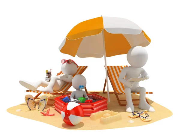 3D-wit. familie op het strand — Stockfoto