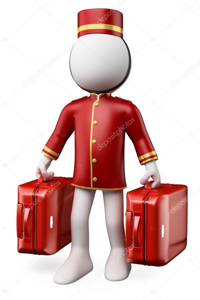 3D white . Bellhop with two suitcases