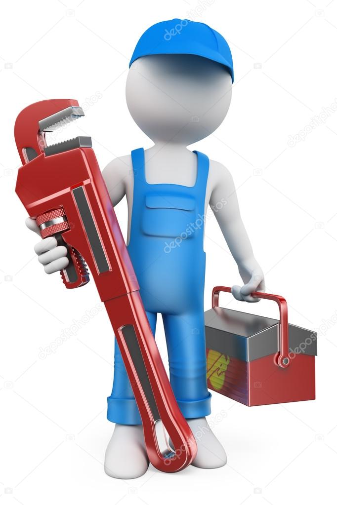 3d white people. Plumber with pipe wrench and tool box. Isolated white background