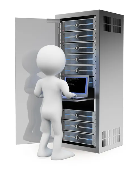 3d weiße Menschen. Ingenieur im Rack-Netzwerk-Serverraum — Stockfoto