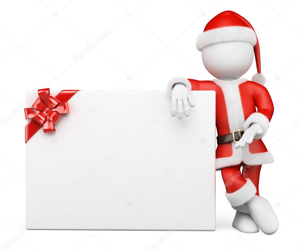 3D white people. Santa Claus with blank banner