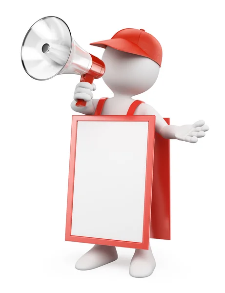 3D beyaz insanlar. bir megafon erkekle sandviç Pano