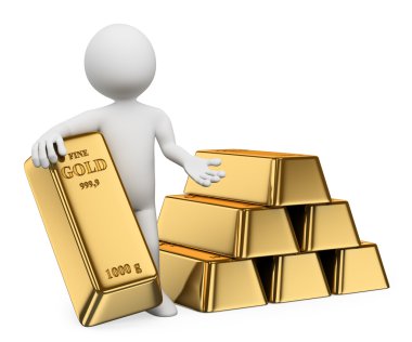 3D beyaz insanlar. Altın külçeler. külçe