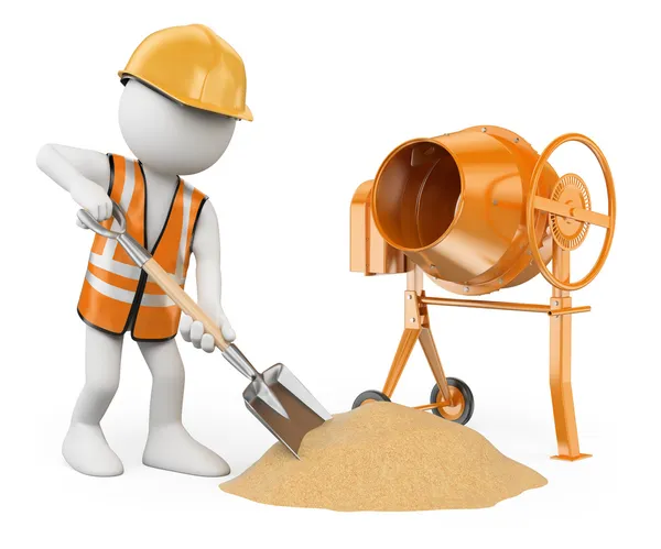 3D white people. Construction worker with a shovel and a concret — Stock Photo, Image