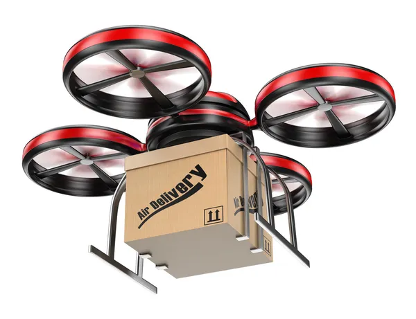 Drone 3D entregando um pacote — Fotografia de Stock