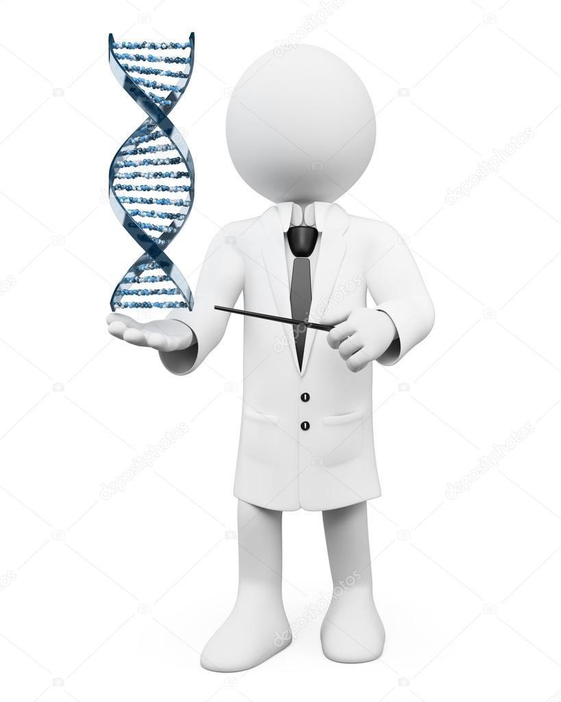 3D white people. Geneticist with a DNA strand