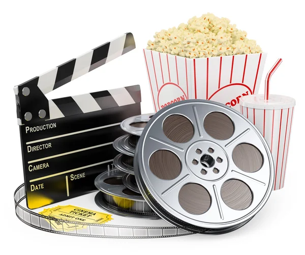 Bianchi 3D. Cinema clapper film bobina bevanda e popcorn — Foto Stock