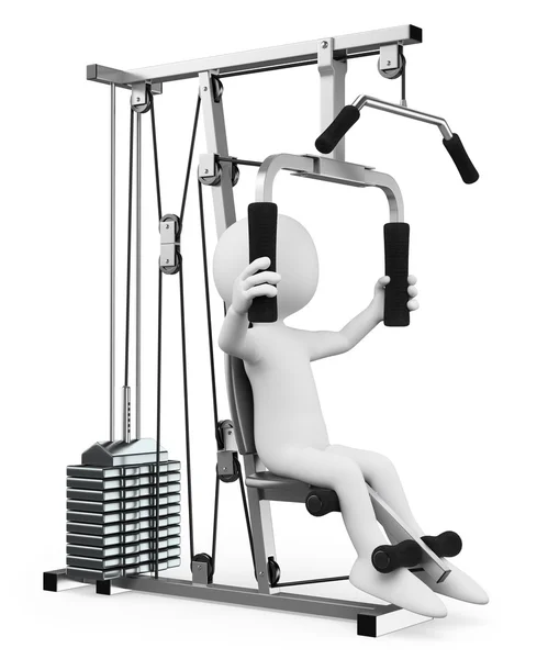 Gente blanca en 3D. Hombre haciendo ejercicio en una máquina de peso — Foto de Stock