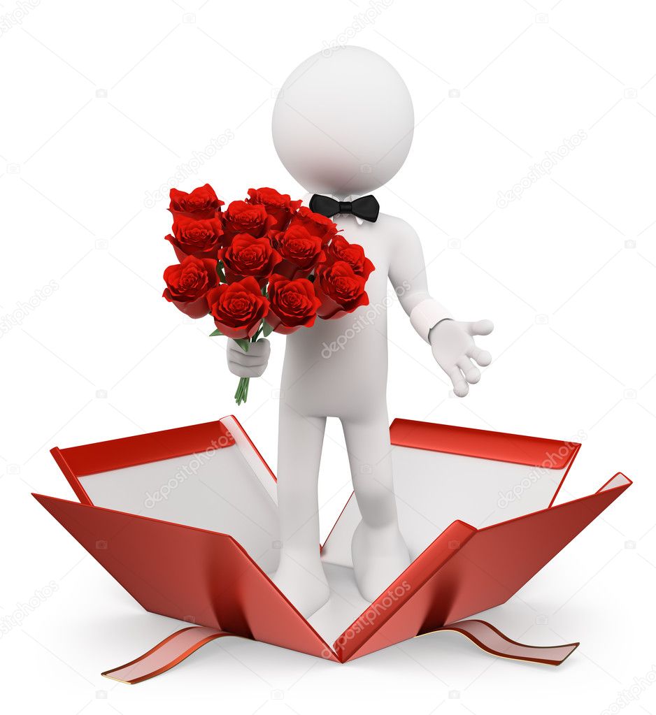 3D white people. Valentines. Man with a bouquet of roses