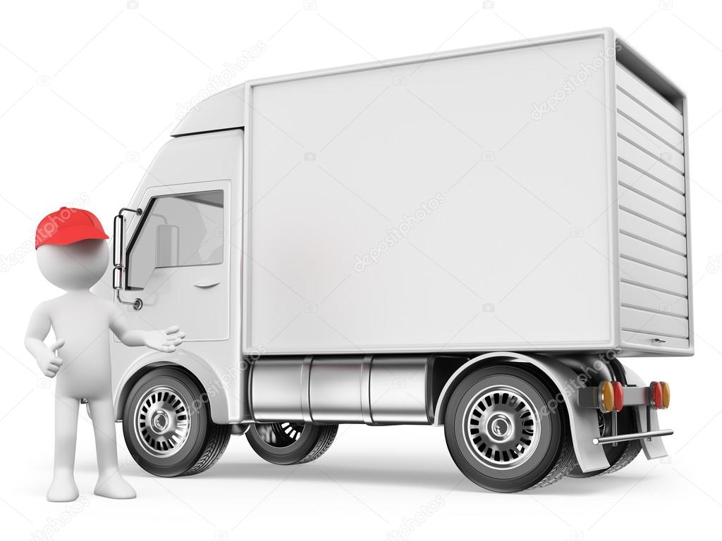 3d white people. White delivery truck with blank sides ready for custom text and logos . Isolated white background.