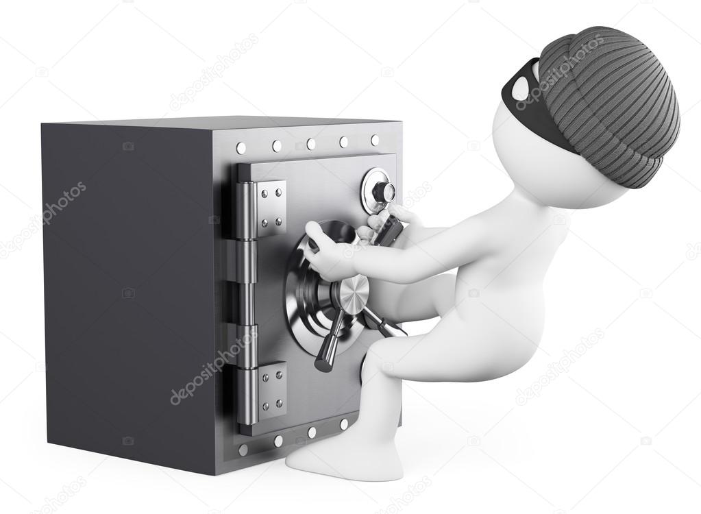 3D white people. Robber stealing a safe