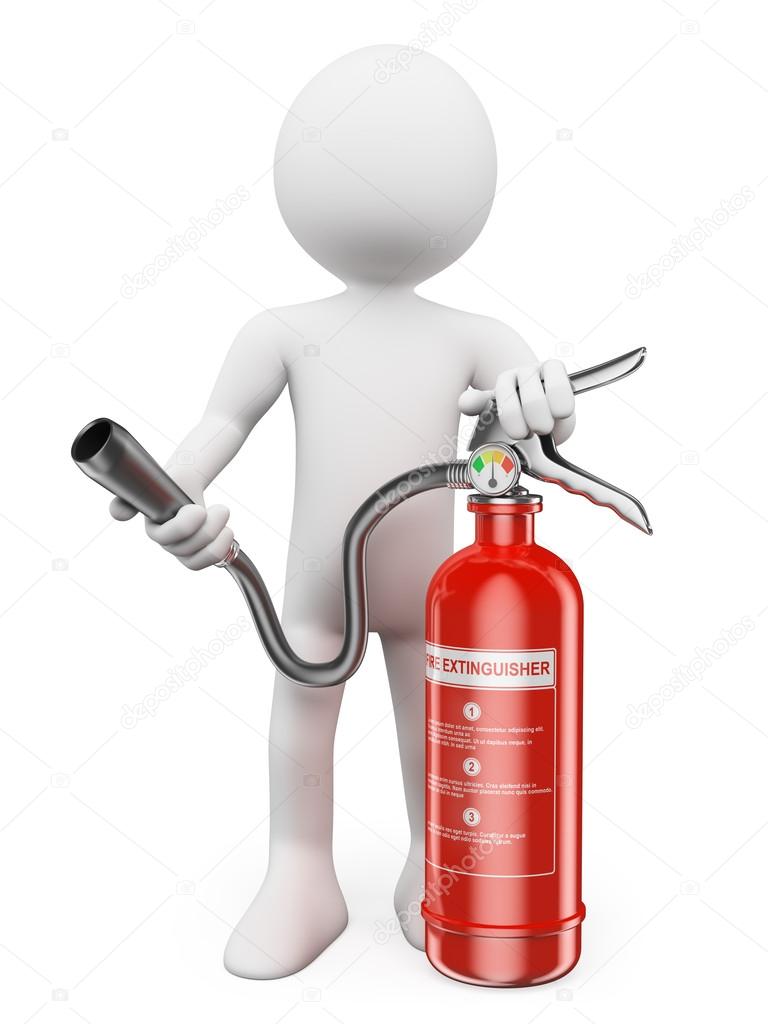 3D white people. Fire extinguisher