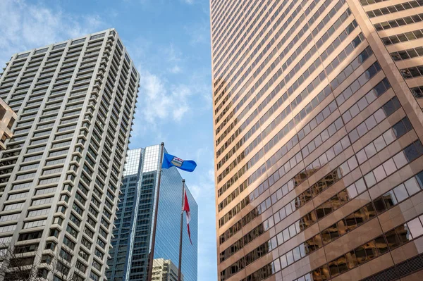Guardando Grattacieli Della Città Calgary Con Alberta Bandiere Canadesi — Foto Stock