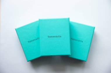 Calgary, Alberta - 8 Mart 2022: Tiffany & Co. hediye kutusu beyaz arka planda.
