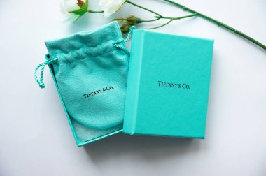 Calgary, Alberta - 8 Mart 2022: Tiffany & Co. hediye kutusu beyaz arka planda.