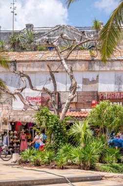 Playa del Carmen, Meksika - 28 Mart 2022 Play del Carmen 'de 5. Cadde' deki dükkan ve sokak manzarası.