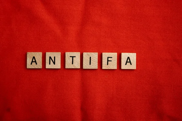 Antifa Concept Wooden Tile Letters Red Background — Stock Photo, Image