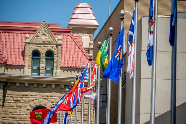 Kilka Flag Prowincji Machających Zajeździe Wiatrowym Calgary Alberta — Zdjęcie stockowe