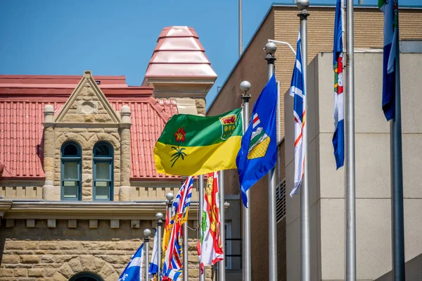 Αρκετές Επαρχιακές Σημαίες Κυματίζουν Στο Πανδοχείο Άνεμο Calgary Αλμπέρτα — Φωτογραφία Αρχείου