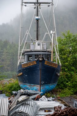 Sitka, Alaska - July 26, 2022: Abandoned fishing vessels in the town of Sitka.