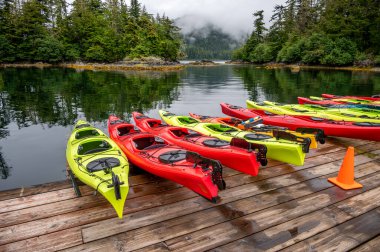 Sitka, Alaska - July 26, 2022 - View of Adventure Sitka's  kayaks at the Siginaka islands base.