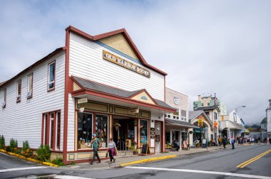 Sitka, Alaska - July 26, 2022 - View of Sitka's historic main street. Old Harbor Books visible.