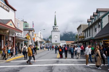 Sitka, Alaska - July 26, 2022 - View of Sitka's historic main street. St. Michaels Othodox church visible.